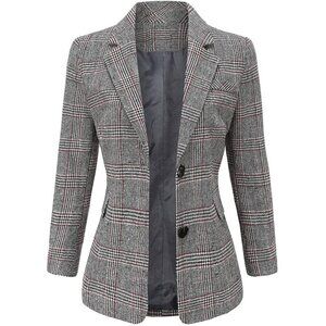 Ebossy Blazer Women Grey Notch Lapel 2 Button Suit Houndstooth Plaid Jacket Coat